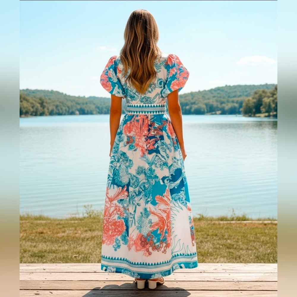 Garden Floral Button-Up Mock Neck Puff Sleeve Wide Belt Slit Front Maxi Dress - Picture 4 of 12